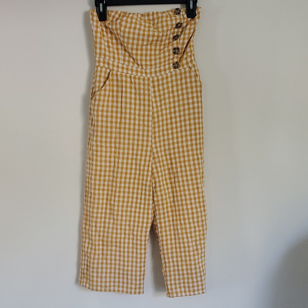 Lulus Gingham High Waist Pants Mustard Yellow Cropped Summer Cottagecore - Picture 2 of 7
